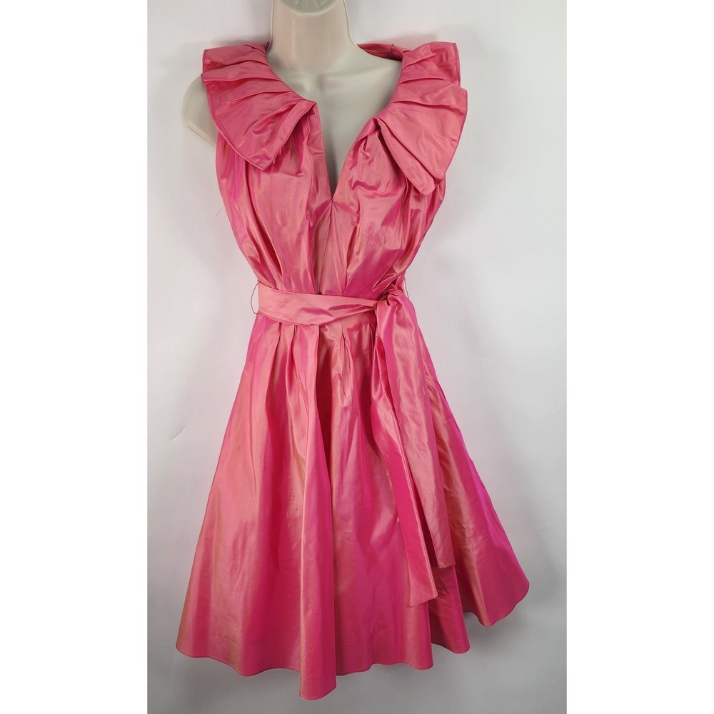 Flores & Flores Silk Dress Women's 4 VNeck Ruffle Collar Fit and Flare Taffeta
